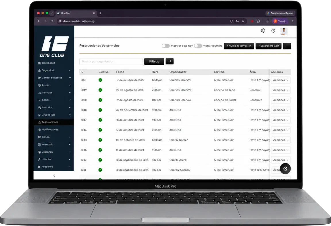 One Club bookings dashboard: club service calendar with slots and hours.